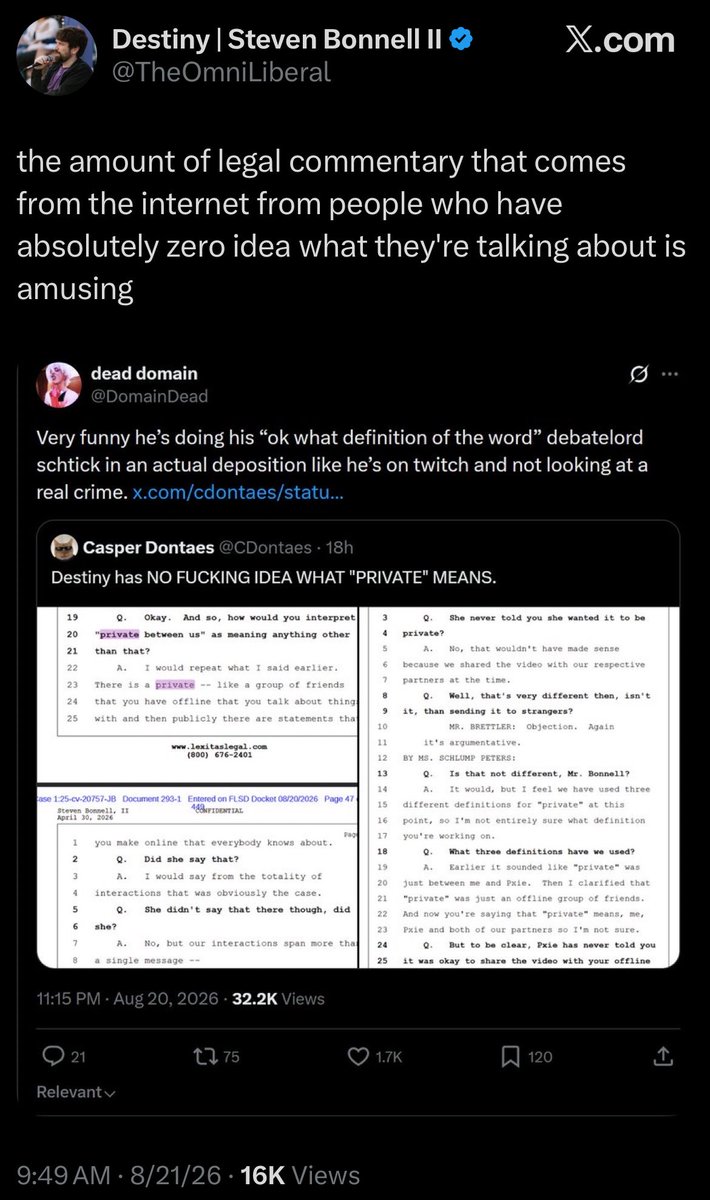 DomainDead's tweet photo. Dude he had to go do this because he blocked me but still wanted to dunk on me to his audience. 

It’s pretty clear what was going on in the deposition Steven, you were being called out for sharing content without consent and trying to weasel your way out of it. https://t.co/aELrDeqyiB