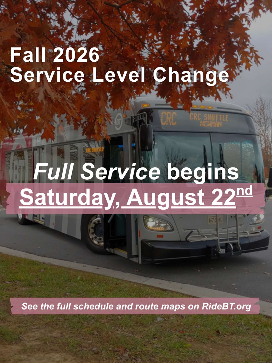 Ride_BT's tweet photo. Full Service is Here! 🚌🍂

Starting tomorrow, August 22, the Full Service schedule is in effect.

Know before you go, check your route and schedule before you ride!

Find more information about full service schedules and route maps here: https://t.co/qs10Ku0vCY https://t.co/6vcQxXvn6k