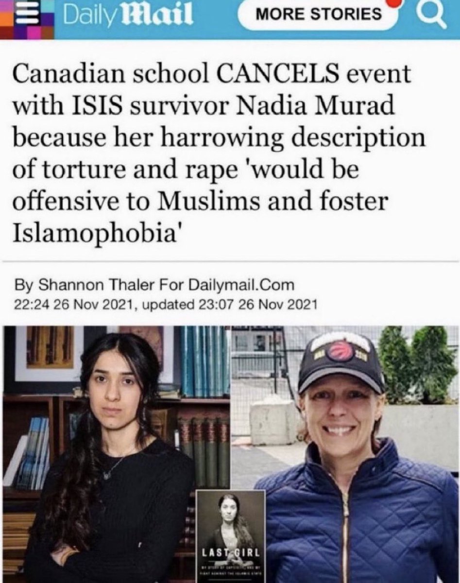 realMaalouf's tweet photo. Nadia was kidnapped, raped and enslaved by ISIS

Her brothers were killed for refusing to convert to Islam. Her mother was killed for being too old to be a sex slave.

Her event to tell her story was canceled in Canada because the local Muslim community deemed it “Islamophobic.” https://t.co/mWBNhLKbeg