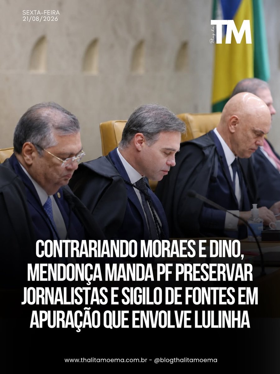 MachadoDarlon's tweet photo. 🇧🇷⚖️🔥 O ministro André Mendonça, do STF, determinou que a Polícia Federal aprofunde a investigação sobre possíveis vazamentos de informações sigilosas em apurações que envolvem Fábio Luís Lula da Silva, o Lulinha, filho do presidente Lula. Na decisão, Mendonça deixou claro que os jornalistas que divulgaram as informações não devem ser tratados como alvo da investigação. O ministro também determinou que o sigilo das fontes seja preservado e que a apuração se concentre em quem tinha acesso aos documentos e obrigação de manter o conteúdo em segredo. Mendonça ainda ressaltou que a proteção ao sigilo da fonte vale para jornalistas com ou sem diploma e deu uma verdadeira aula aos ministros Moraes e Flávio Dino.

 Siga: 👉 @blogdatm 🔰🔥