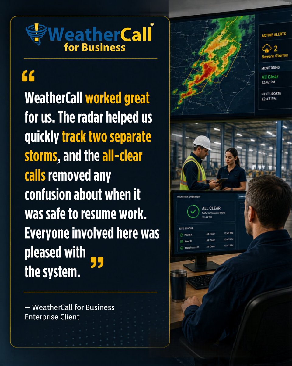 WeatherCallLLC's tweet photo. Real organizations rely on WeatherCall.

One customer shared that WeatherCall helped them track two separate storms, reduce confusion, and know when it was safe to resume work with all-clear calls.

Operational clarity matters.

#WeatherCallForBusiness #Safety #BusinessContinuity https://t.co/UaxLo4QWgK