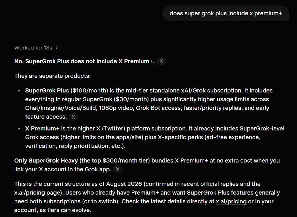 TSLAshareholder's tweet photo. x premium+ comes with SuperGrok

to get Grok Bot I need to get SuperGrok Plus

SuperGrok Plus does not come with x premium+

so i'd have to get a standalone SuperGrok Plus subscription

does that mean i'd pay $100 + $40/month?

so do i downgrade to premium (not plus) and then sub to supergrok +?

also, i'm on the premium+ annual plan (accident) and i was unable to switch it to monthly upon renewal so i turned off renewal... in order to turn back on renewal it's asking me to renew but its not giving me a monthly option 

lol... this is confusing and frustrating.