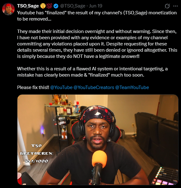 Emz_Cast's tweet photo. This is a blatant lie. @TeamYouTube has restored monetization to creators even after their appeal was denied and before the 90 days. I checkmark my videos to ensure they are NOT made for kids. I STILL need a human to review the case https://t.co/NbH4j4AKeW