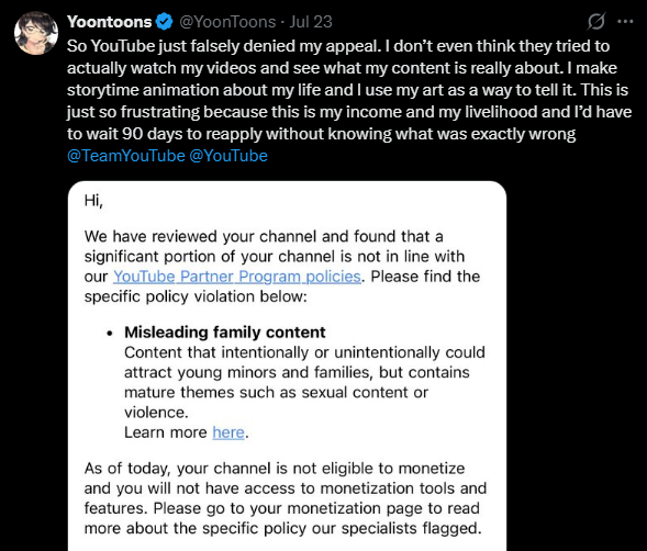 Emz_Cast's tweet photo. This is a blatant lie. @TeamYouTube has restored monetization to creators even after their appeal was denied and before the 90 days. I checkmark my videos to ensure they are NOT made for kids. I STILL need a human to review the case https://t.co/NbH4j4AKeW