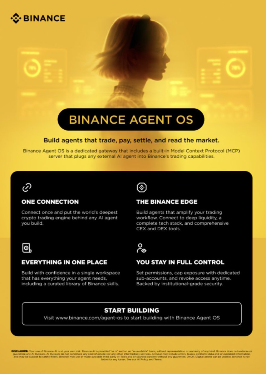 Next100XGEMS's tweet photo. This is where AI x crypto starts getting serious.

Binance Agent OS lets AI agents connect to its trading infrastructure and go from:

“Here’s what I found”

to

“Here’s what I did.”

Research → decision → execution.

The agentic finance race is officially on.

Start here → https://t.co/gxItdnG0tY