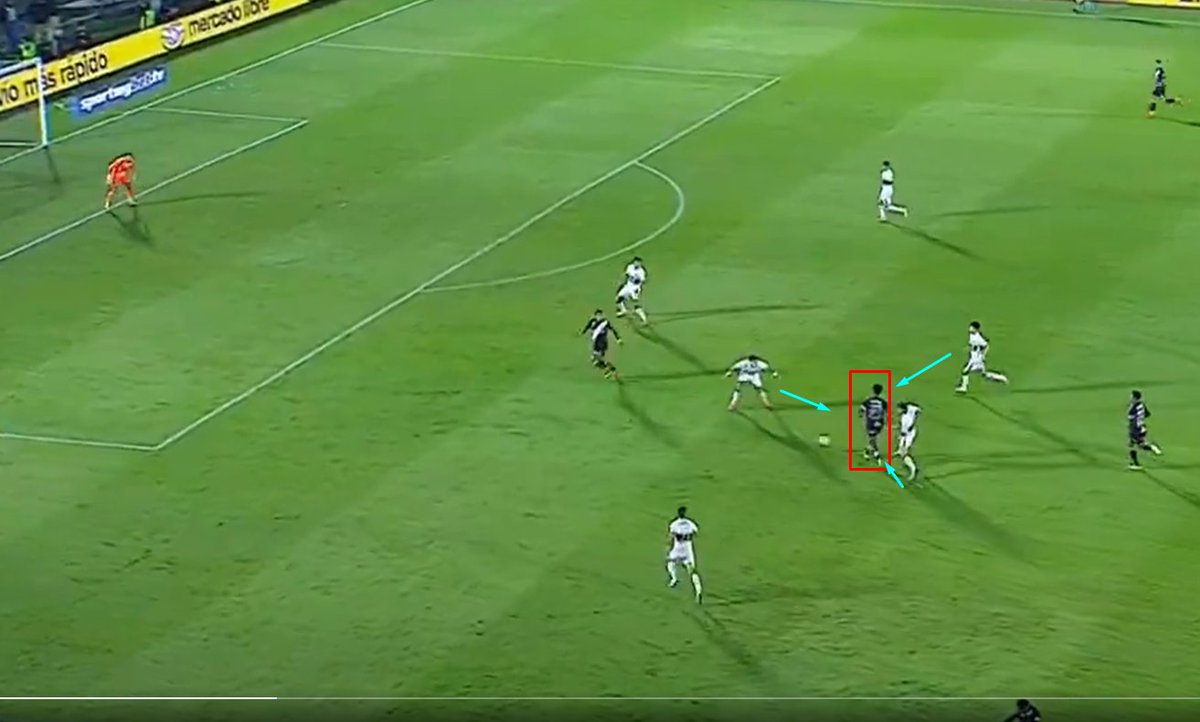 franjeado's tweet photo. Imagen 1: Thiago Mendes (que ya envió el pase a David) está rodeado de 3 jugadores de Olimpia.

Imagen 2: Mendes ya le ganó la carrera a Bentaberry que nunca lo miró. Alfaro y Delmás ya se desentendieron de la jugada hace rato. Llegó solo frente al arco para definir

Así de mal marcó Olimpia ayer