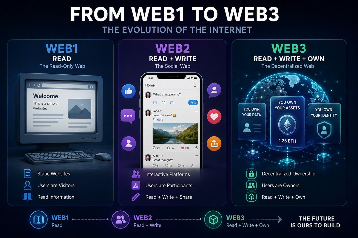 YoungAlaji01's tweet photo. FROM WEB1 TO WEB3 002

Web2 — When the Internet Became Social

Let’s continue from where we stopped.

Web1 was simple.

You opened your computer.

You went online.

You found a website.

You read something.

Then you left.

You were basically a visitor.

But then the Internet started changing.

Websites became more interactive.

Suddenly, you could create an account.

Upload a picture.

Write something.

Leave a comment.

Share a video.

Talk to someone you've never met.

And just like that…

the Internet stopped feeling like a library.

It started feeling like a community.

Welcome to Web2.

Think about how you use the Internet today.

You wake up.

You check X.

You scroll through Instagram.

Maybe you watch YouTube.

You comment on something.

You repost a post.

You send someone a DM.

You create content.

You might even build a business entirely online.

That's Web2.

You don't just consume anymore.

You participate.

And that was a huge change.

Someone sitting in a small room with nothing more than a phone could suddenly reach thousands or even millions of people.

A writer didn't necessarily need a newspaper.

A musician didn't necessarily need a major record label.

A small business didn't need a huge advertising budget.

If people liked what you created, they could follow you.

Your audience could grow.

Your community could grow.

And the Internet became a place where ordinary people could actually create value.

That's why Web2 is often described as:

Read + Write.

You read what others create.

And you create something for others to read.

Simple.

But there was a catch.

A pretty big one.

Most of the platforms we use are controlled by companies.

You might build a huge following on a platform.

But you don't own the platform.

You might create amazing content.

But the platform decides the rules.

You might spend years building your audience.

But your account can still be restricted, suspended or changed by someone else.

And then there's your data.

Think about how much information you give these platforms without even thinking about it.

What you watch, 

What you like, 

What you search, 

Who you follow, 

What you click, 

Where you spend your time, 

All of that can become valuable.

So Web2 gave us something incredible:

Participation.

But it also created another question:

Who actually owns the value being created?

You create the content, 

Users build the community, 

Creators bring the attention, 

But the platform often controls the infrastructure.

It's almost like building a shop inside someone else's mall.

You can make the shop successful.

You can bring thousands of customers.

But the mall owner still makes the rules.

And that question started getting people thinking differently.

What if you could actually own your digital assets?

What if your identity wasn't completely tied to one platform?

What if communities could organize themselves without depending entirely on a central company?

What if you could send value across the Internet without needing a bank sitting in the middle?

And most importantly

What if the Internet could give users more ownership?

That's where Web3 enters the story.

But we shouldn't rush there yet.

Because there's one important piece of the puzzle we need to understand first.

Bitcoin.

Before people were talking about DeFi, NFTs, DAOs and all the other Web3 stuff

Bitcoin came along with a surprisingly simple idea. 

What if money could work on the Internet without a central authority controlling it?

That question opened a completely different chapter of the Internet.

And that's where we're going next.

Next: Bitcoin the experiment that changed how we think about digital ownership.