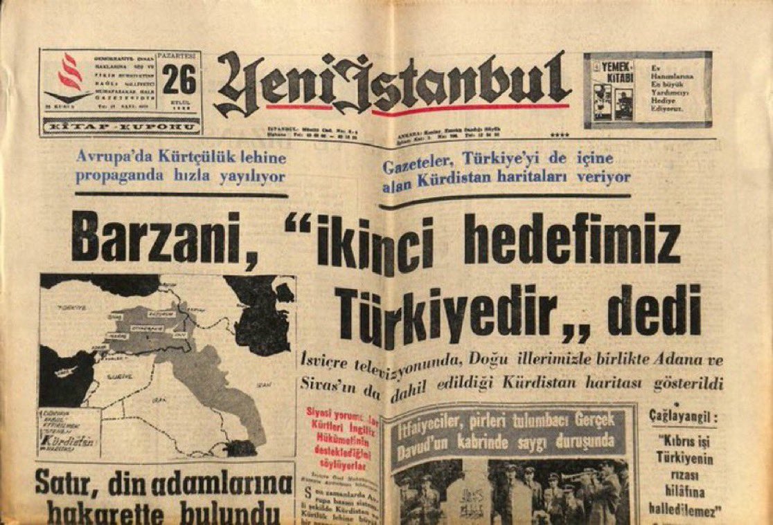 s_turpcu's tweet photo. Ey Türk Milleti!

Seni, “demokrasi, kardeşlik ve barış” masallarıyla uyutmak isteyenlere sakın kanma!

26 Eylül 1966’da, Mesut Barzani’nin babası Mustafa Barzani neler demiş?👎 https://t.co/VdDxr7b5HS