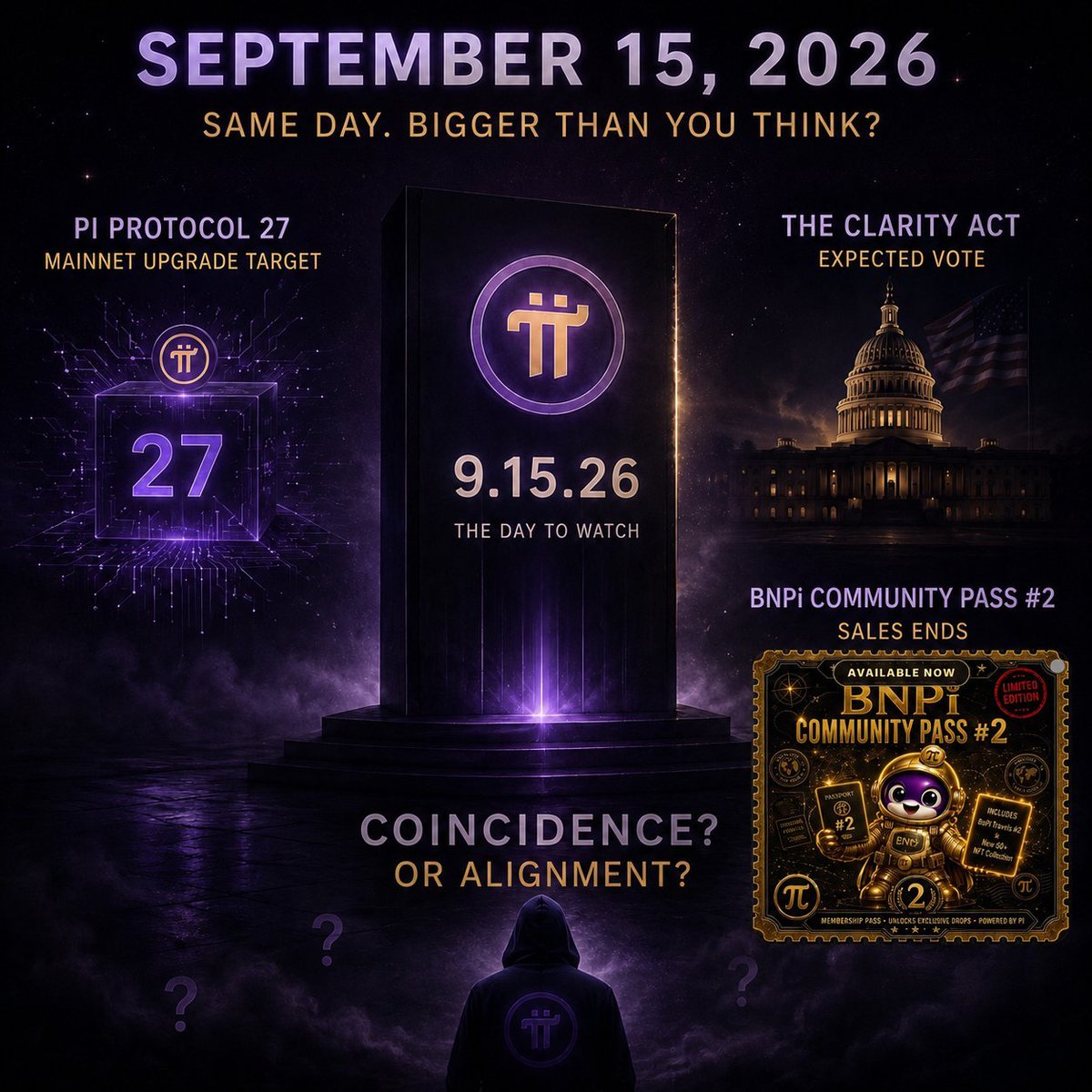 Nerobigodd's tweet photo. 👀 September 15, 2026…
Three different things are pointing to the same date.

🔹 Pi Protocol 27 Mainnet target
🔹 The expected CLARITY Act vote
🔹 BNPi Community Pass #2 sale ends
Coincidence? Maybe.

But when infrastructure, regulation, and ecosystem building converge on the same day…
I’m definitely watching. 👀
Something tells me September 15th deserves attention. 🟣🔥 
#PiNetwork #BNPi