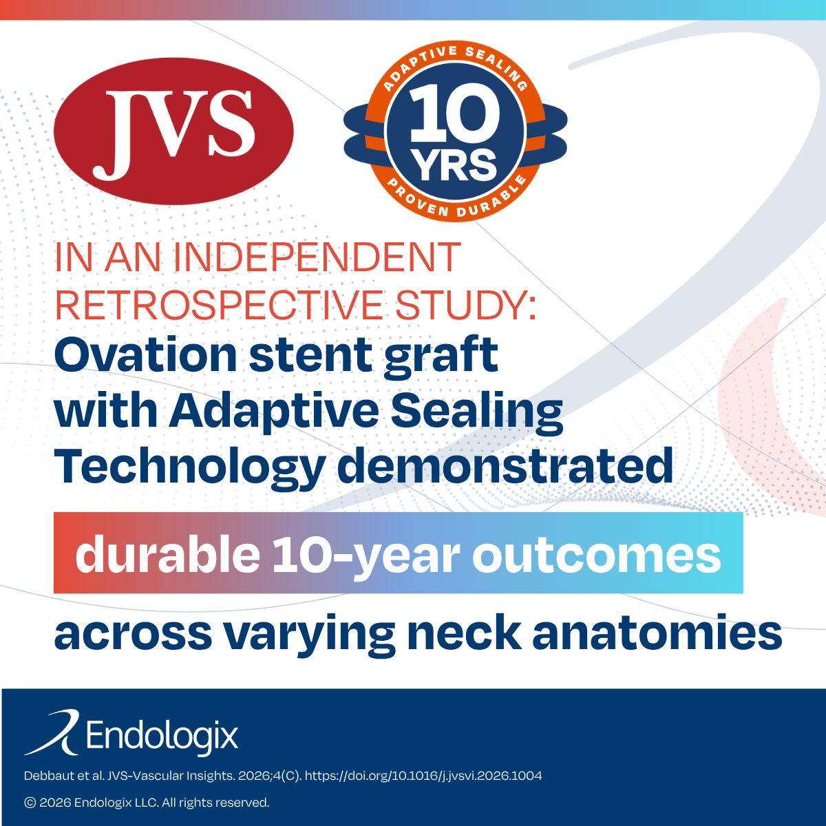 endologix's tweet photo. Have you seen the 10-year data demonstrating durability for the Ovation stent graft in patients undergoing #EVAR? Ovation featured Adaptive Sealing Technology, the same technology as today's #ALTO abdominal stent graft.

Read the full report from this independent retrospective study published in @JVascSurgVI, with comparable survival, endoleak, and reintervention outcomes observed between hostile and non-hostile #abdominalaorticaneurysm neck anatomies out to 10 years. 

https://t.co/CiphX3ijG6

The 10-year clinical outcomes discussed reflect data from the Ovation platform and Adaptive Sealing Technology (AST) experience. ALTO incorporates the same foundational AST but was introduced more recently and therefore does not have 10 years of device-specific follow-up. Long-term outcome data include patients treated with earlier-generation Ovation devices utilizing AST.

ISI: https://t.co/8XPHTfcq6x 

#vascularsurgery #medTwitter #medtech #healthcareinnovation #vascularinnovation #medicaleducation #medicalinnovation