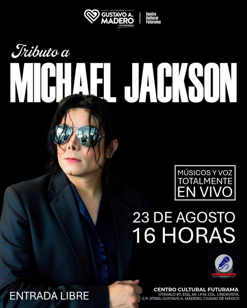 TuAlcaldiaGAM's tweet photo. 🎤🕺🏽 ¡La música del Rey del Pop llega al Centro Cultural Futurama! 👑✨

Este 23 de agosto, disfruta un gran tributo a Michael Jackson con música y voz totalmente en vivo. 🎶🔥

📍 Otavalo 7, Lindavista
🕓 16:00 h
🎟️ Entrada libre
#GAM #CulturaGAM #EntradaLibre https://t.co/fPquxsfhtD