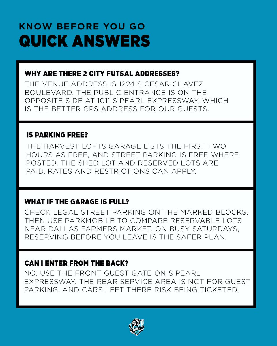 CityFutsal's tweet photo. Attention, City Futsal fam! 📣 We hear you—and we know parking can be a hassle. So, here’s your guide to parking at City Futsal Dallas! ⚽️🚗

Check out more tips: https://t.co/vqCxxGLNeK https://t.co/WBKp4fpr8W