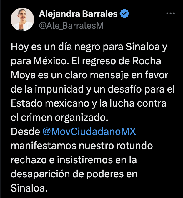 azucenau's tweet photo. 🔴“Hoy es un día negro para Sinaloa y para México”, afirmó la senadora de Movimiento Ciudadano, Alejandra Barrales, al rechazar el regreso de Rubén Rocha Moya a la gubernatura.

Acusó que su reincorporación favorece la impunidad y adelantó que MC insistirá en la desaparición de poderes en Sinaloa.