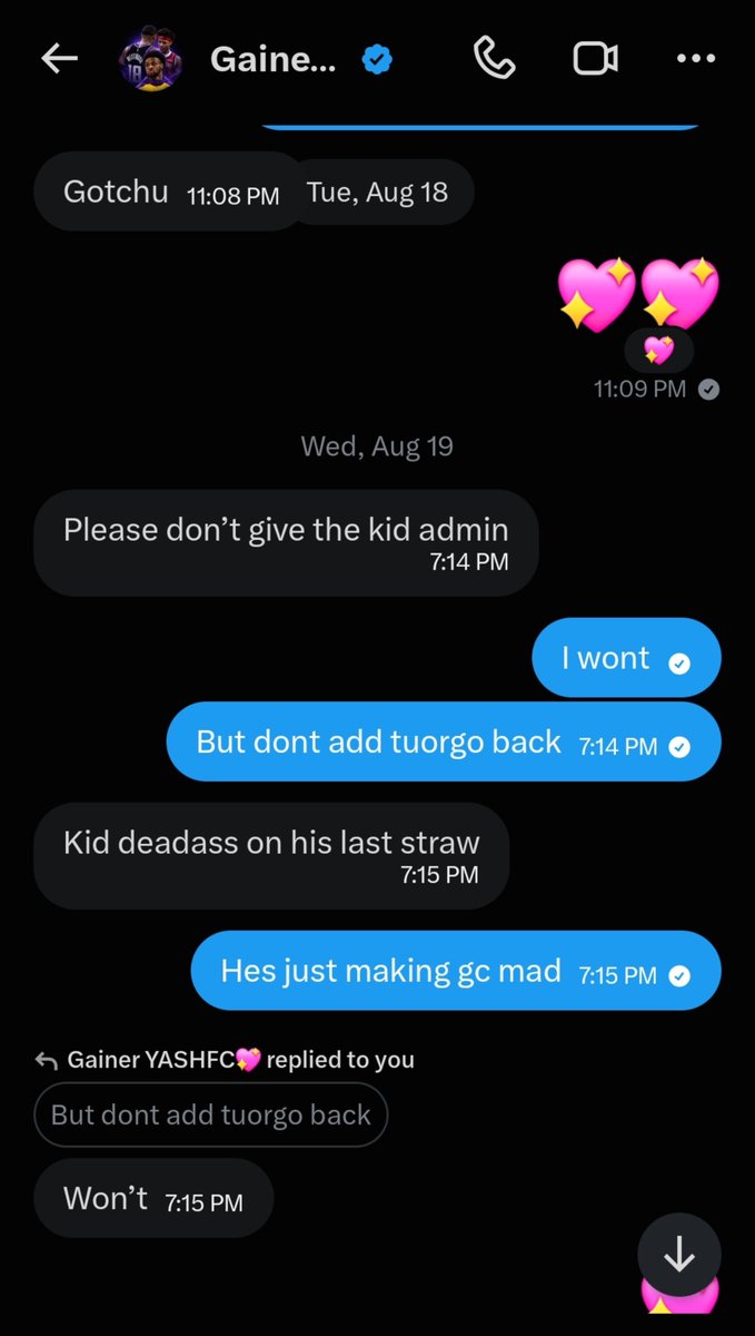 BrandonDNVR's tweet photo. I want to make this clear me and gainer were both admins in 💖 fc and he sent me these dms after tuorgo nuked gc. A day later tuorgo was back in the gc and then gc was nuked once again that night https://t.co/zPHIooBDwN