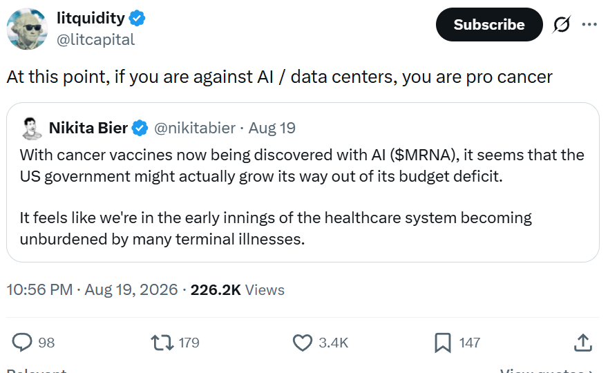 TheLincoln's tweet photo. As many pointed out for years, the goal of "AI" branding was so dumbos would think chatbot LLMs are "the same" as unrelated machine learning tech used by Moderna for cancer treatments. 

These guys probably do think cancer researchers went to ChatGPT and asked "how cure?" https://t.co/sufkDXS3Be