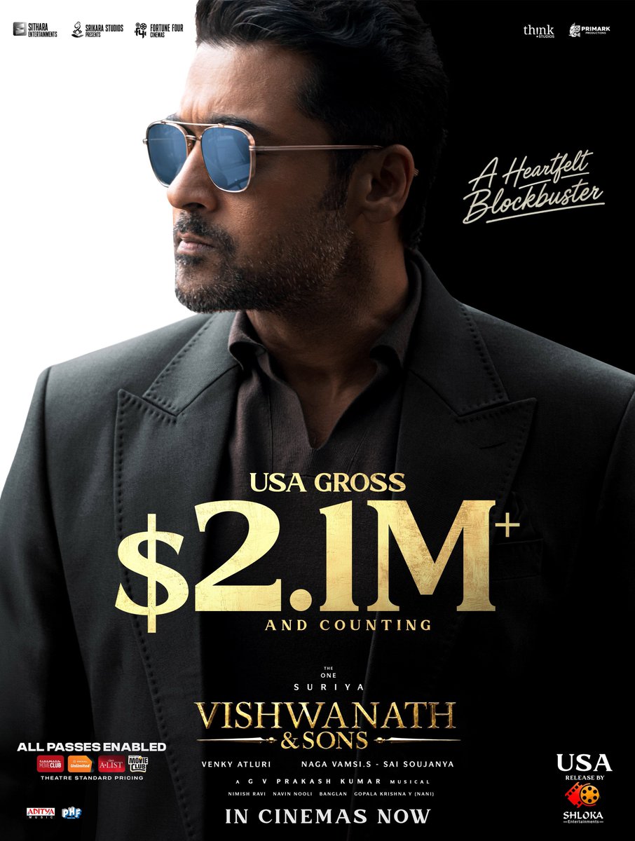 Cinetrack_off's tweet photo. $2.1 MILLION+ &amp; COUNTING! ❤️‍🔥🔥

The blockbuster momentum continues in the USA! 💥🇺🇸
With ALL PASSES ENABLED, #VishwanathAndSons continues its dream run! 🔥

$2.5 MILLION is within reach by the end of this weekend! 🚀

#Suriya #VenkyAtluri https://t.co/VwfX7ZdnPB