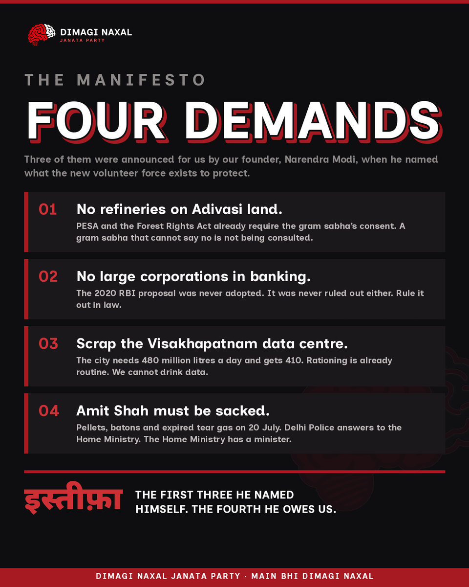 DimagiNaxalJP's tweet photo. What do #DimagiNaxal Want? 

For now, only 4 things: 

1. No refineries on Adivasi land 
2. No big private corporations in the Banking Sector
3. Scrap the Vishakha Patnam Data Center 
4. #AmitShah's resignation for assaulting students on July 20th

 #JantarMantar #SchoolThikKaro https://t.co/OAYHSgxo7X