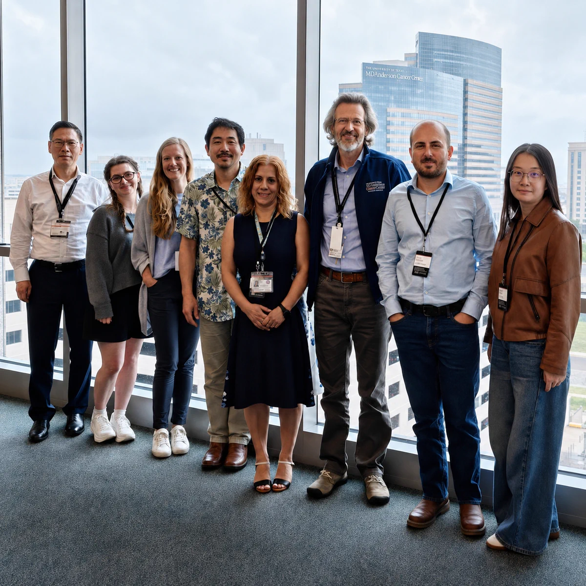 Eight members of the EMPATHIC team stand together in front of floor-to-ceiling windows, with a UT MD Anderson building visible behind them. From left: Huamin Wang, Jordan Cisco, Samantha Ladewig, Zhanfei Liu, Erin Seeley, Andrea Viale, Sergio Attanasio and Xudan Yang.