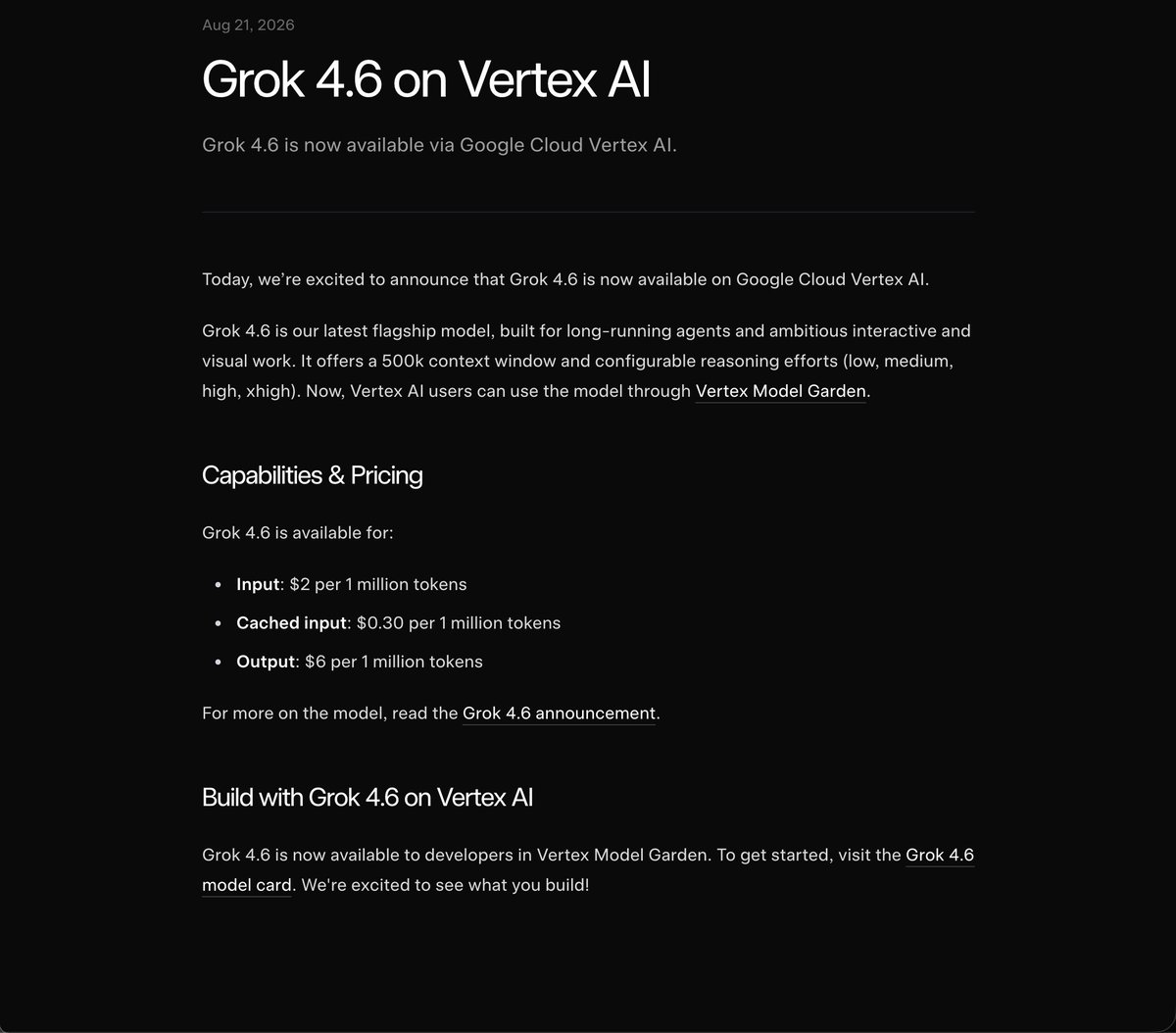 techdevnotes's tweet photo. SpaceXAI has released a blog: Grok 4.6 on Vertex AI https://t.co/p7AMIzJB65