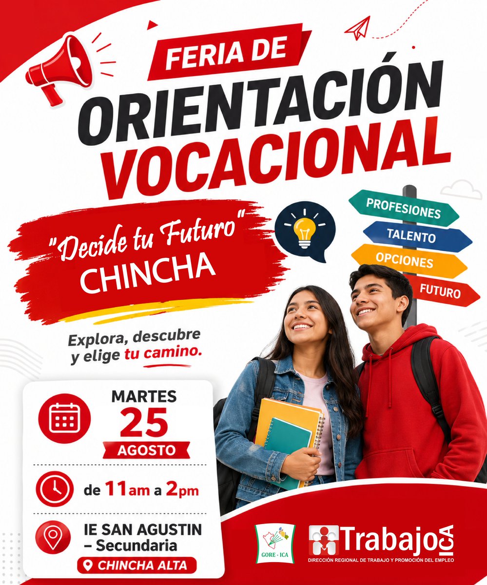 DRTPEICA's tweet photo. ✅ ¡CHINCHA, ESTA OPORTUNIDAD ES PARA TI!🎓

¿Aún no sabes qué estudiar o qué camino profesional seguir? ¡Ven a descubrirlo en la Feria de Orientación Vocacional en Chincha!

📅 Martes 25 de agosto
🕚 De 11:00 a. m. a 2:00 p. m.
📍 I.E. San Agustín – Secundaria
📌 Chincha Alta https://t.co/Ci17ZM1cXY
