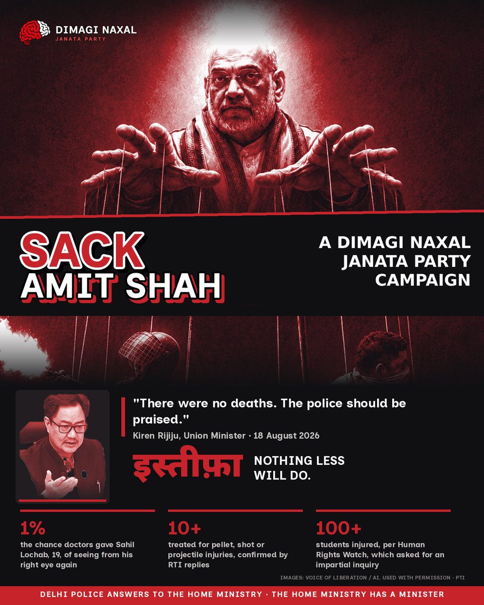 DimagiNaxalJP's tweet photo. Demand 4.0: AMIT SHAH MUST RESIGN

This government thinks they can assault students in broad daylight with electric batons and pellet guns and get away with it. 

Then they shamelessly say, "Delhi Police should be praised." 

#JantarMantar #20July #AmitShahResign https://t.co/XhFullJ0FB