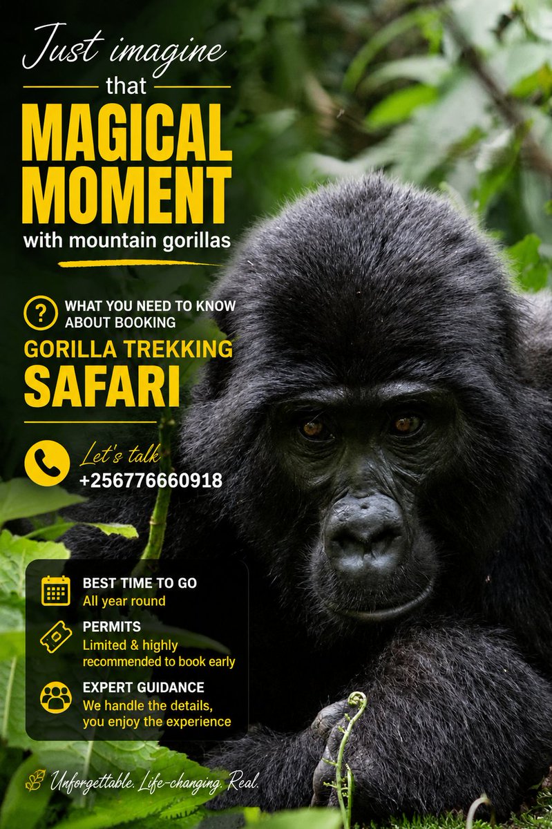 IremboAfrica's tweet photo. Just imagine standing face-to-face with a mountain gorilla in the heart of Africa’s rainforest.

One magical encounter. One unforgettable experience. A memory you’ll carry for a lifetime. 

Planning your Gorilla Trekking Safari in Uganda or Rwanda? 
Wondering about permits, the best time to go, costs, accommodation or how to plan your trek?

Let’s talk! 📲 +256 776 660 918

📩 iremboafricasafaris@gmail.com

 Irembo Africa Safaris — Your African adventure starts here.

#GorillaTrekking #MountainGorillas #UgandaSafari #UgandaGorillas #RwandaGorillas #GorillaSafari #VisitUganda #AfricanSafari #SafariAdventure #BucketListTravel #WildlifePhotography #TravelAfrica #ExploreUganda #IremboAfricaSafaris