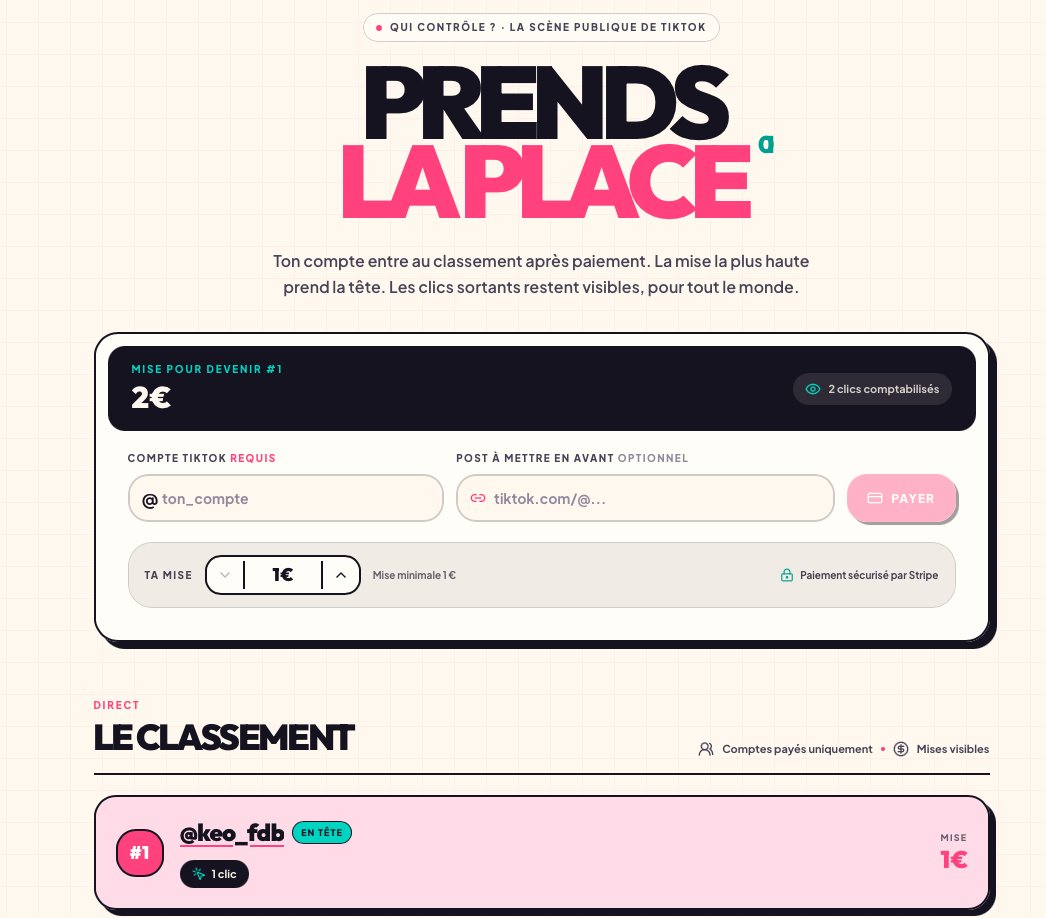ej_triz's tweet photo. J'ai créé un classement TikTok pay-to-win 👀
https://t.co/chMfYg6iw2
Le concept est simple :

→ Tu mets ton compte TikTok
→ Tu payes ce que tu veux
→ Plus tu payes, plus tu montes dans le classement

Les premiers du classement sont vus par tous ceux qui visitent le site. https://t.co/cVGSbd9Hyv