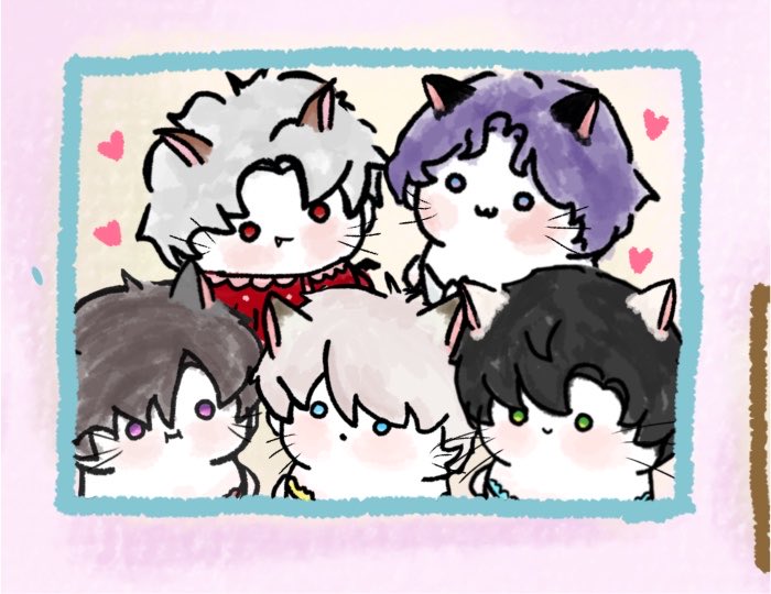 artstyfishie's tweet photo. Happy kitty family! Dw wolfie is in next pic he was to chonky to fit here 
#loveanddeepspace https://t.co/HLMmlmhMNS