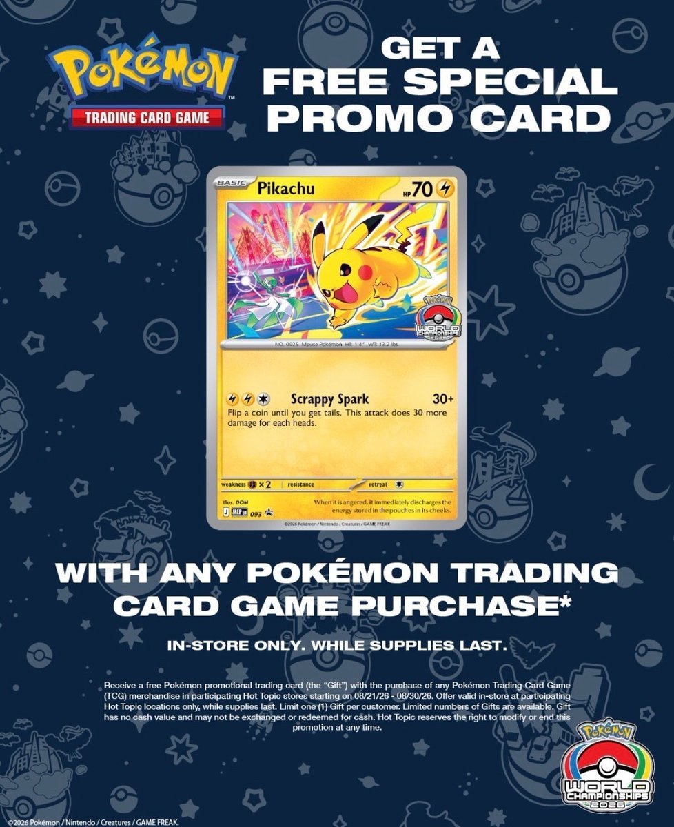 PokeTCGAlerts's tweet photo. Starting today, select GameStop, Best Buy, and Hot Topic locations will be giving out the new Worlds Pikachu promo with the purchase of a Pokémon TCG product! Offer is only available in-store 🫡 
#PokemonTCG https://t.co/VxUXkmeHsD