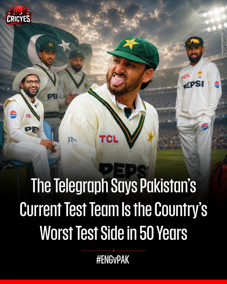 cricyess's tweet photo. The Telegraph has delivered a harsh assessment of Pakistan’s Test side, describing it as the country’s worst team in 50 years following its struggles against England. https://t.co/cqSlb6ZK60