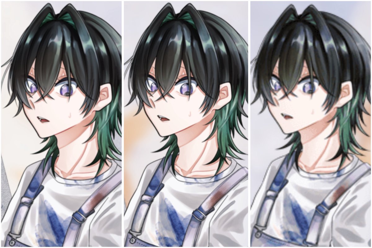 ichi_poyo18's tweet photo. ❕真四角立ち絵と縦長立ち絵、両方で検証❕

左：WebPで圧縮、画像サイズ横2560×1440未満、回転あり
真ん中：普通に入れた
右：無課金

めっっっっっっちゃ綺麗になった……‼️‼️‼️‼️‼️教えてくださった方々ありがとうございます😭😭💚特に縦長の方、こんなに変わるもんなんだ……😭😭😭😭 https://t.co/HrZlHCCGq2