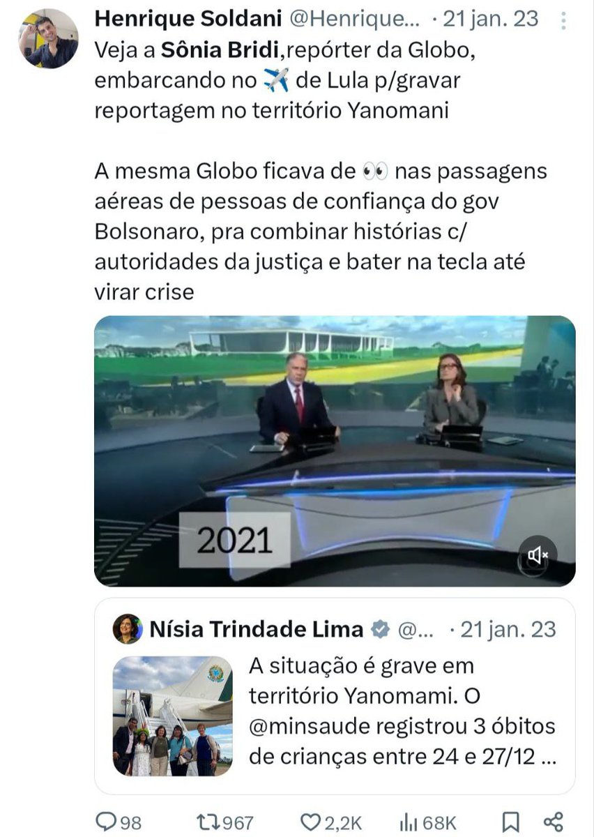 HenriqueSoldani's tweet photo. Alô @SoniaBridi. Sou fã do seu trabalho. Compartilho várias reportagens antigas que vc produziu. Segue uma sugestão de pauta: tão logo Lula voltou ao poder, vc usou o avião da FAB para fazer reportagem especial pro Fantástico sobre os Yanomanis. Que tal voltar ao local pra apurar isso aqui👇.