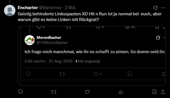 Barschvo's tweet photo. @nureineexe Bei euch schlummern ziemlich viele labile fotzen, trainiert ihr den Hit n Run, oder was ist das? https://t.co/TU9ZqtDH4I