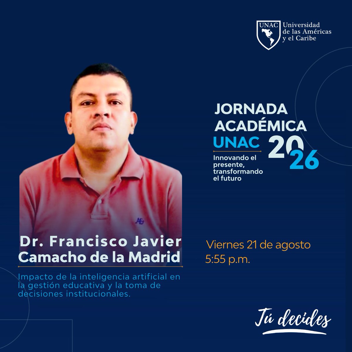 UNACMexico's tweet photo. 🎓 Jornada Académica UNAC 2026

Este viernes participa el Mtro. Javier Camacho de la Madrid, docente e investigador en educación, pedagogía y lingüística, con interés en IA, gestión educativa y entornos digitales.

👉 https://t.co/Z4v2hmCyHO https://t.co/3iO2jHYNBA
