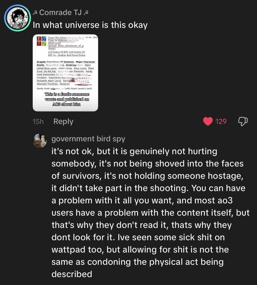 Cosmic_343's tweet photo. "nono that rpf child rape school shooter fanfic on a zionist rin website isn't hurting anybody!!" i truely hope ao3 gets deleted lmfao fuck you guys https://t.co/cb1LaKIUCC