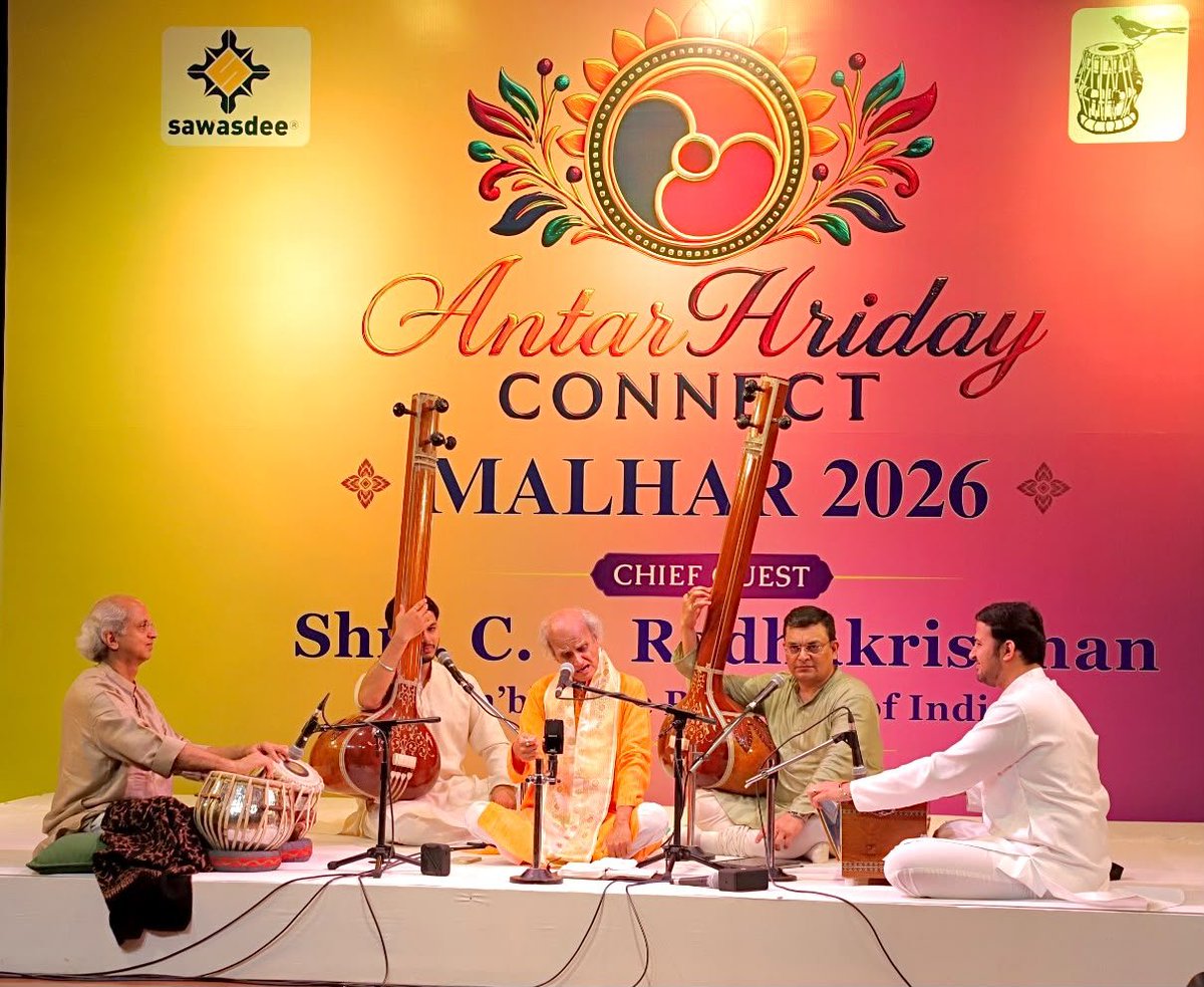 harshvshringla's tweet photo. AntarHriday, which I am honored to serve as Chief Patron, hosted an unforgettable evening at MALHAR 2026. The event showcased mesmerizing performances by legendary artists, including Padma Shri Pandit Ullas Kashalkar in Hindustani classical music and Pandit Rajendra Gangani in Kathak.

​We were deeply privileged to have the Hon’ble @VPIndia, Shri @CPR_VP ji, grace the occasion as our Chief Guest.

#MALHAR2026 #YouthAndCulture #IndianClassicalArts #CulturalHeritage #ViksitBharat2047