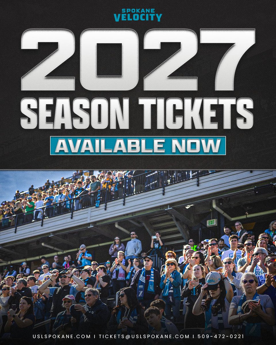 SpokaneVelocity's tweet photo. 2027 Season Tickets are LIVE! 📣

Get ready for another unforgettable season with Spokane Velocity FC 😎
Secure your seats today! 🎟️ 
https://t.co/QlSGQHHx7i https://t.co/uGqflZwjbC