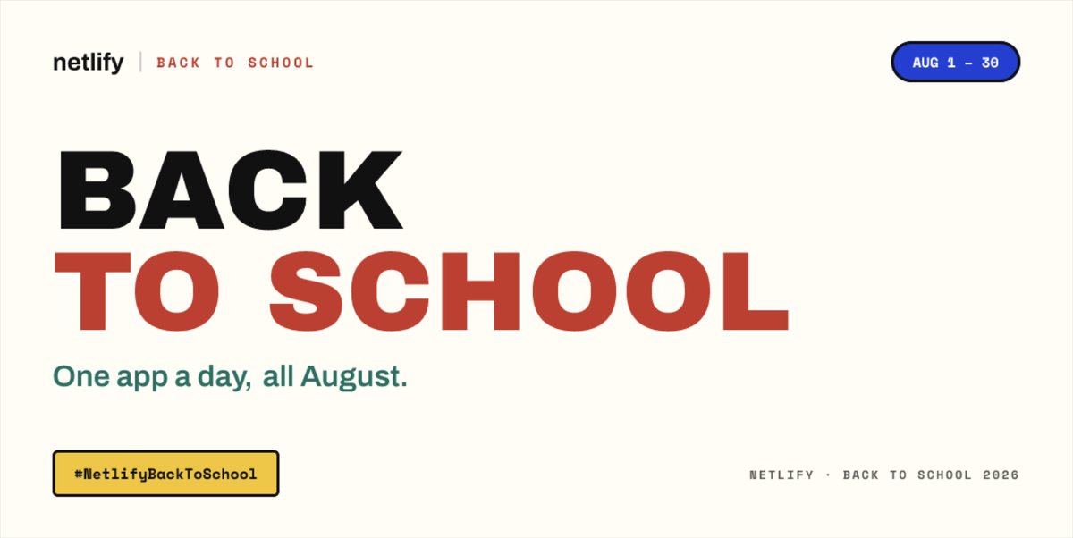 Netlify's tweet photo. Week three of #NetlifyBackToSchool is done, and three more builders are splitting 20,000 credits.
Each of them shipped an app that made us want to stay and learn. Let's hear it for this week's three: https://t.co/3blacrVlNg