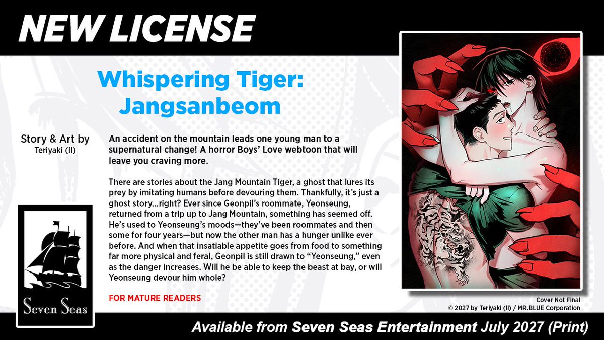 gomanga's tweet photo. Brand-new license announcement! WHISPERING TIGER: JANGSANBEOM by Teriyaki (II). An accident on the mountain leads one young man to an unsettling supernatural change. A full-color horror Boys’ Love/#BL webtoon that will leave you craving more!

https://t.co/ON4fuCrPMD https://t.co/7XNs7GWSPs