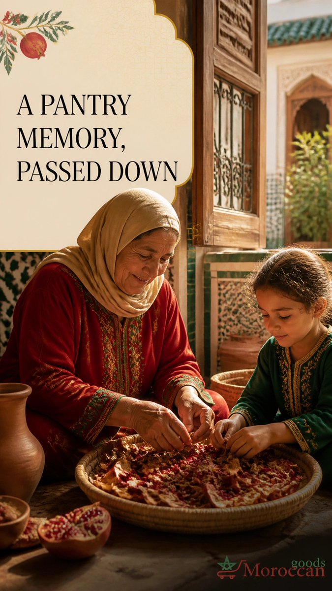 GoodsMoroccan's tweet photo. Moroccan pomegranates: autumn’s ruby harvest. Opened slowly, their seeds adorn salads, tagines and desserts; dried peel keeps an old pantry memory alive. A taste of heritage, shared. #MoroccanHeritage #Pomegranate https://t.co/jaw72EP5bg