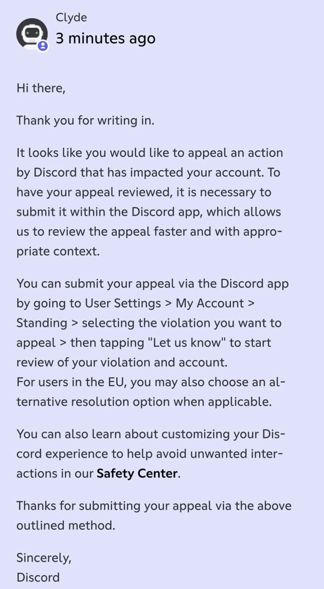 iiichicoo's tweet photo. my in app appeal got automatically rejected after exactly 7 days im not sure if thats a bug or not , i tried to appeal on the website i keep getting this @discord_support https://t.co/AVCYhiJIAH