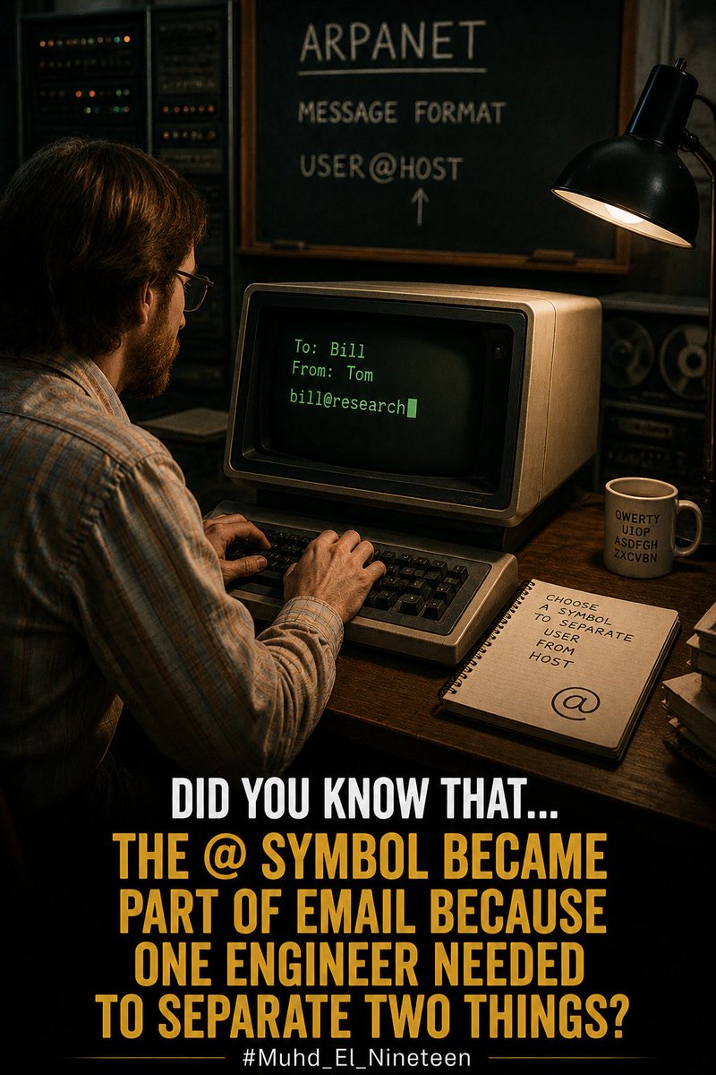Historyrecapped's tweet photo. Did You Know That... The @ Symbol Became Part of Email Because One Engineer Needed to Separate Two Things?

In 1971, engineer Ray Tomlinson was experimenting with sending messages between computers on ARPANET.

He needed a simple way to identify who should receive a message and which computer they were using.

He chose the @ symbol because it was already on the keyboard but wasn't commonly used in people's names.

That small decision created the basic format we still recognize today:

name @ 𝐜𝐨𝐦𝐩𝐮𝐭𝐞𝐫. 

The symbol had existed for centuries before email, but Tomlinson's choice gave it an entirely new life in the digital world. 

@GWR 

#InternetHistory #Email #ComputerHistory #Technology #DidYouKnow #Muhd_El_Nineteen