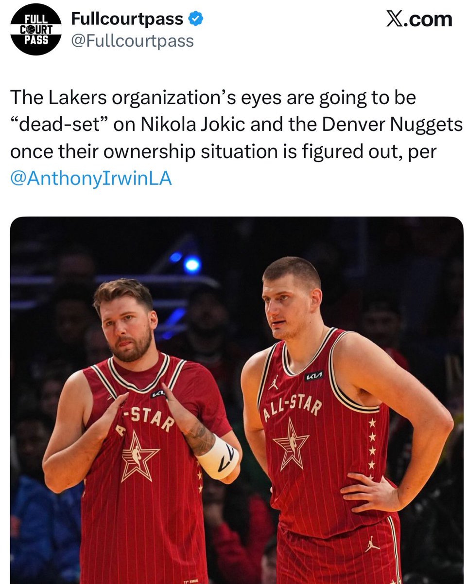 DieHardLakersFO's tweet photo. The front office is reportedly "dead-set" on targeting Nikola Jokić once the ownership drama settles. 🤯

Is pairing Jokić and Luka in LA a realistic masterplan or pure fantasy? 🪄🃏👇 https://t.co/Zzb9suuofW