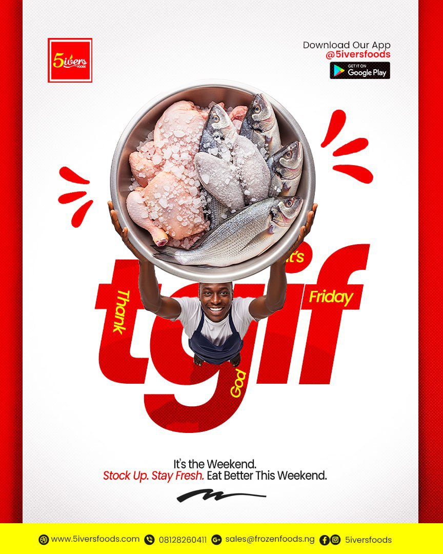 CVDesigns01's tweet photo. Today’s entry — a TGIF promotional design for 5ivers Foods.

Today I focused on creating a design that feels energetic, communicates the weekend message quickly, and makes the product the hero.

Still learning. Still experimenting. Still showing up. 🔥 https://t.co/YvnUhK6rA4