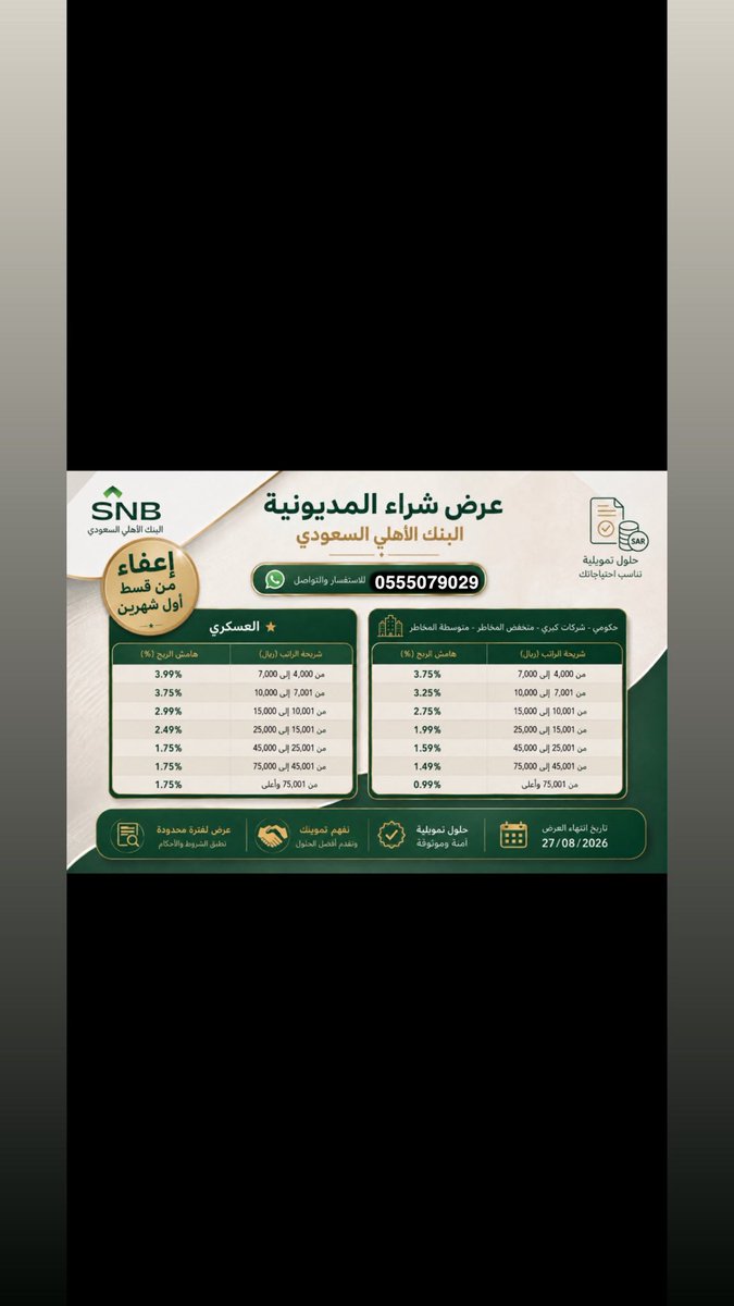 Faisal_Acc_'s tweet photo. @malki49 عروضنا لمنتج شراء المديونية في البنك الاهلي انتهاء العرض بعد ٥ ايام بتاريخ  27/8 
حياكم الله 🤍
.. فيصل الشمري https://t.co/FHAeEM7kMU