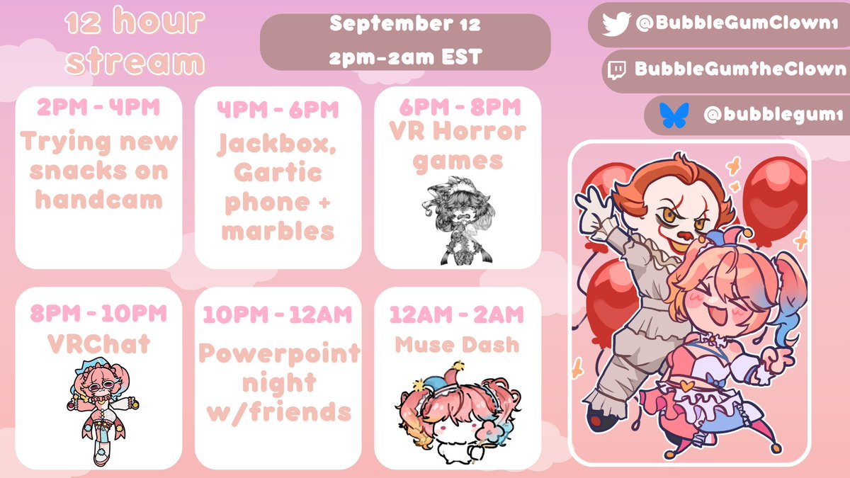 BubbleGumClown1's tweet photo. 🚨 12 HOUR STREAM ANNOUNCEMENT! 🚨

On September 12th from 2 PM – 2 AM est, I’ll be going LIVE for a full 12 HOURS!

Come hang out, stay for a while, or witness me slowly lose my mind over the course of 12 hours 🫡

📅 September 12th
⏰ 2 PM – 2 AM est https://t.co/AIVKxSs5c3