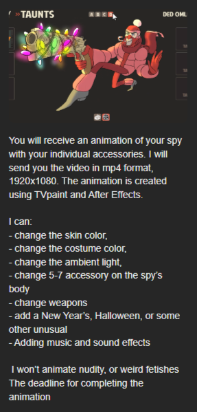 DedOmlette's tweet photo. You can order the same spy animation, but with your own accessories. The details are written on Boosty.

https://t.co/Z66GCJ1IY3

#teamfortress2 #tf2 https://t.co/X5s9Zf4W31