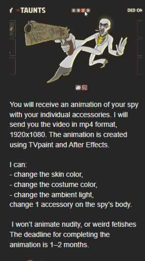 DedOmlette's tweet photo. You can order the same spy animation, but with your own accessories. The details are written on Boosty.

https://t.co/Z66GCJ1IY3

#teamfortress2 #tf2 https://t.co/X5s9Zf4W31