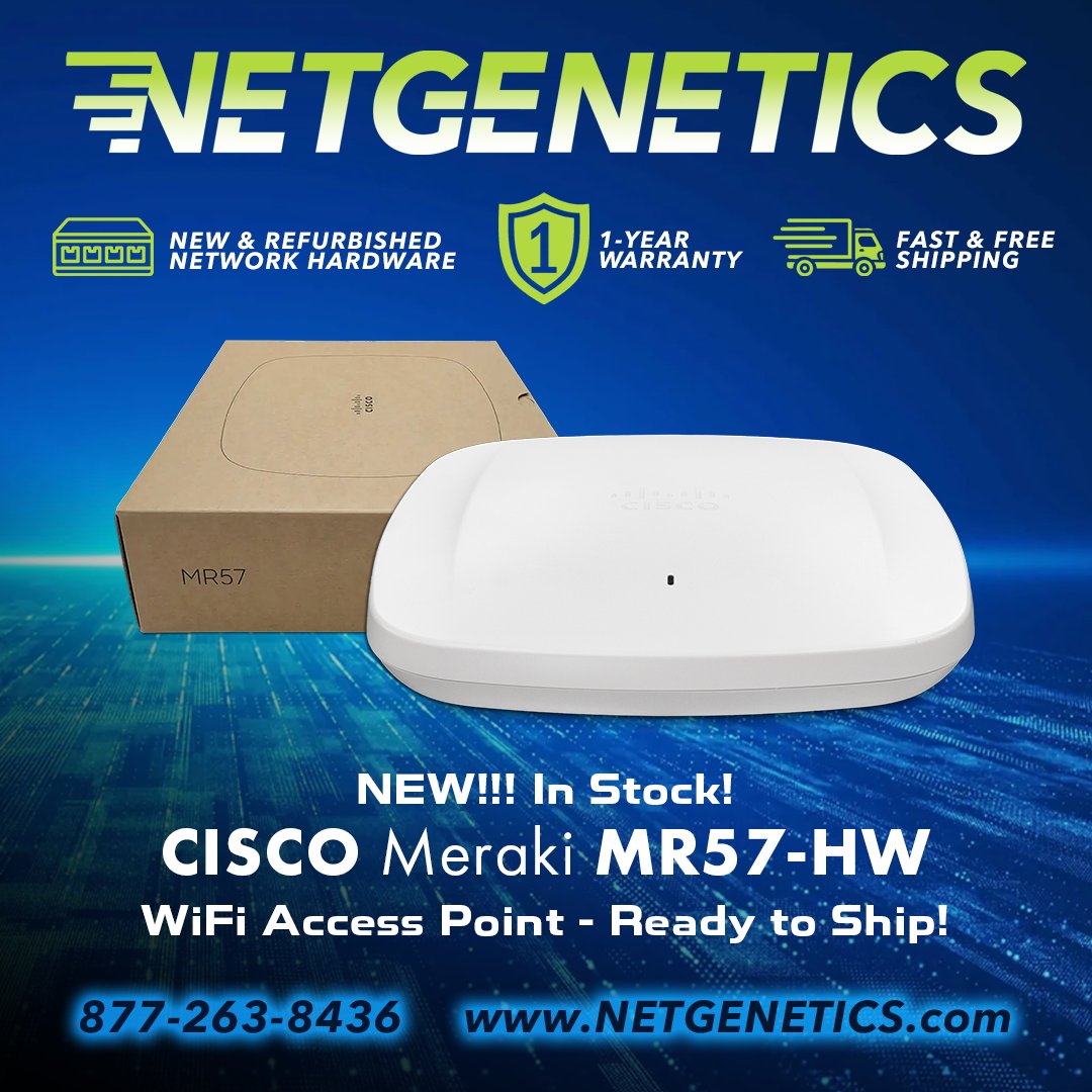 GeneticsNet's tweet photo. NOW AVAILABLE: NEW Cisco Meraki MR57-HW Access Point
https://t.co/w5PkpZQXKd

Upgrade your wireless network with the Cisco Meraki MR57-HW — a high-performance, cloud-managed Wi-Fi 6E access point built for demanding enterprise environments.

⚡ Wi-Fi 6E (802.11ax)
📡 Tri-band 2.4 GHz, 5 GHz & 6 GHz
🚀 High-density wireless performance
☁️ Cisco Meraki cloud-managed
🔒 Enterprise-grade security
📦 Brand New | In Stock & Ready to Ship

Whether you're upgrading an existing Meraki deployment or building out a next-generation wireless network, the MR57-HW delivers the speed, capacity, and centralized management modern organizations need.

🛒 Contact NETGENETICS today for pricing and availability!

#Cisco #CiscoMeraki #Meraki #MR57 #MR57HW #WiFi6E #WirelessNetworking #AccessPoint #EnterpriseWiFi #NetworkHardware #ITInfrastructure #Networking #Netgenetics