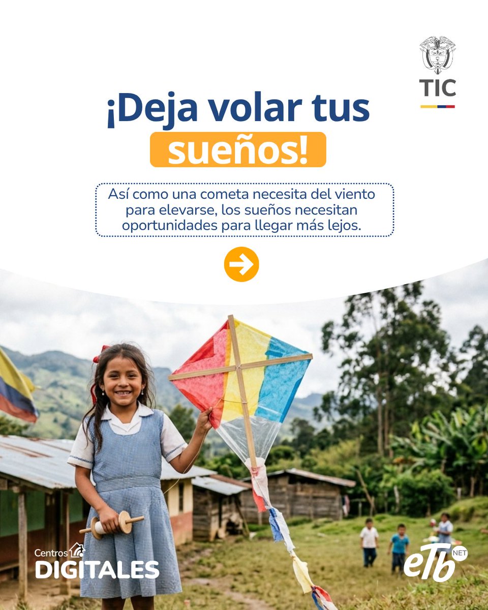 ETBNET_Colombia's tweet photo. 🪁 Los sueños llegan más lejos cuando encuentran oportunidades para crecer.

Desde los Centros Digitales del Ministerio TIC, operados por ETB, acercamos la conectividad a miles de comunidades, abriendo las puertas al conocimiento, la innovación y nuevas oportunidades para construir un mejor futuro.

💙Este mes, deja volar tus sueños y descubre hasta dónde puedes llegar.

*ETB miembro de la UT ETB NET Colombia conectada.

#CentrosDigitales #InternetSeguro
